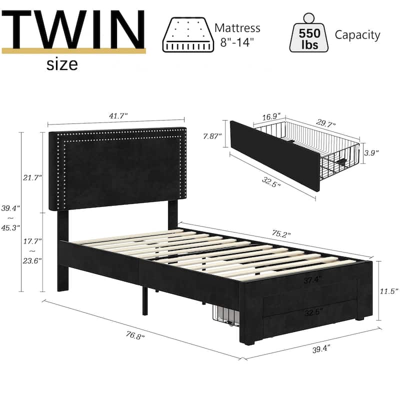 VECELO Upholstered Storage Bed Frames with 4 Storage Drawers Platform Bed Frame with Adjustable Velvet Rivets Headboard