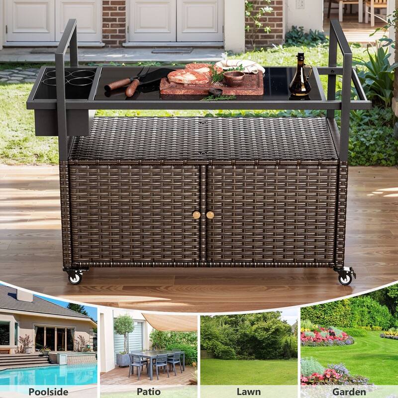 Outdoor 49.2" PE Wicker Bar Cart with Cabinet Patio Serving Cart with Tempered Glass Top