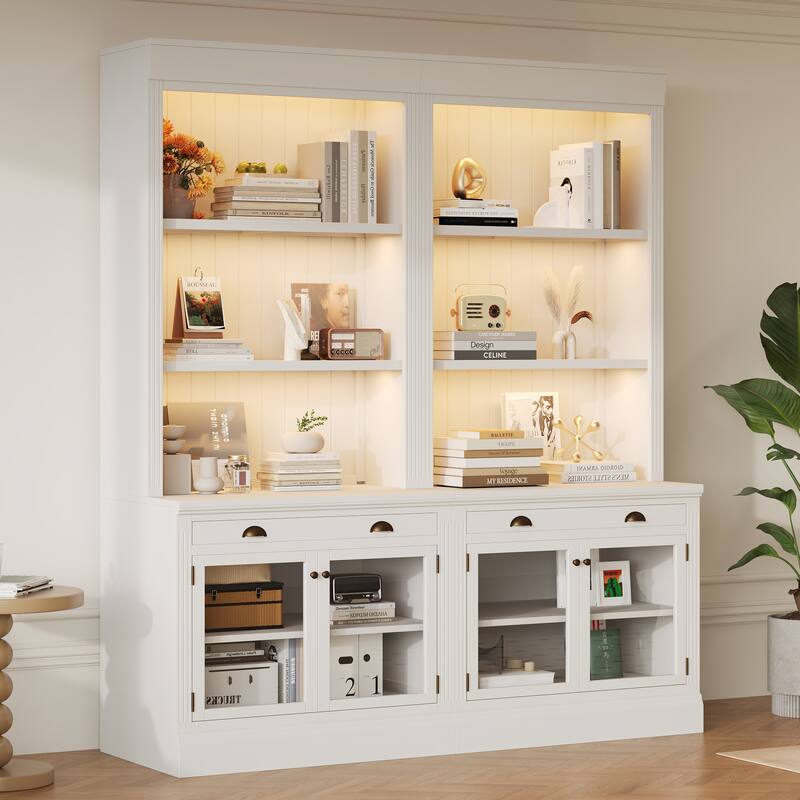 83.4" Large Bookshelf Suite with LED Lighting, 2-Piece Wood Storage Bookcase Set with Glass Doors, Drawers & Open Shelves