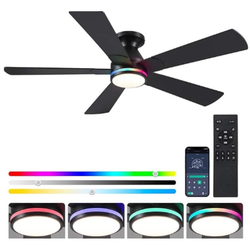 52 Inch Flush Mount Ceiling Fan with Light and Remote 5 Plywood Blades for Living Room Bedroom Patio - 52 Inches