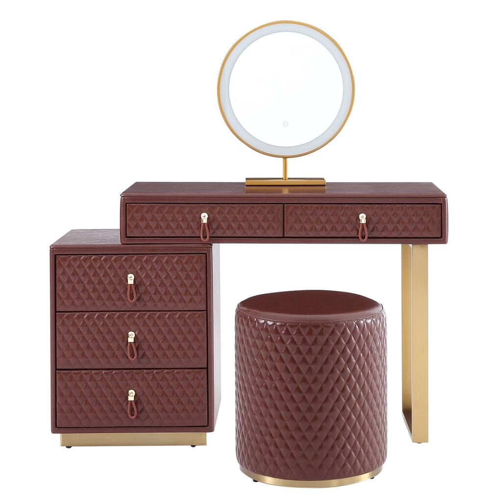 FUKAYI Faux Oil Waxed Leather Makeup Vanity Desk Set with 5 Drawers & Stool Dressing  Table with Lighted Mirror - Overstock - 40033955