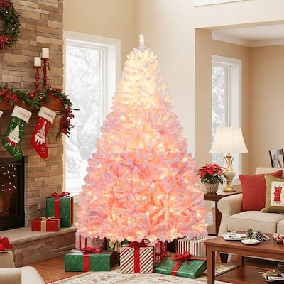 5/6/7/8 FT Pre-Lit Snow Flocked Christmas Tree Artificial Pink Tree - Pink+White