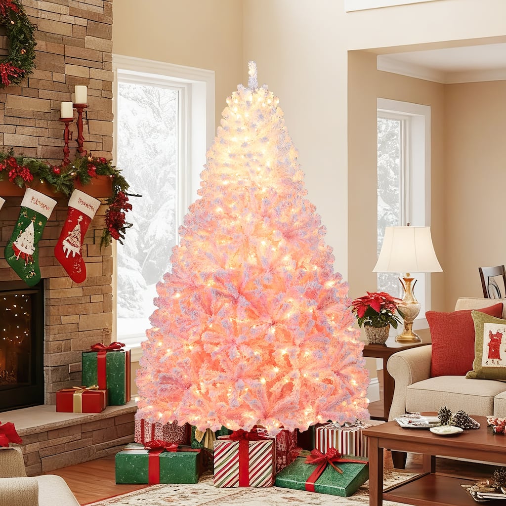 5/6/7/8 FT Pre-Lit Snow Flocked Christmas Tree Artificial Pink Tree - Pink+White