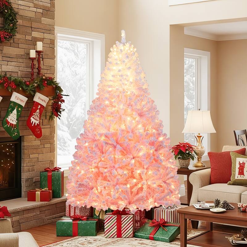Gymax Artificial Christmas Tree Hinged Snow Flocked Xmas Tree w/ - Pink, White