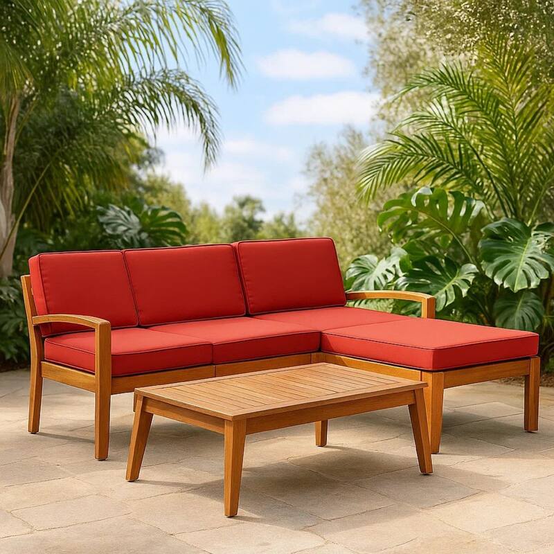 Outdoor L-Sectional Sofa with Coffee Table, Ottoman, Acacia Wood, Red