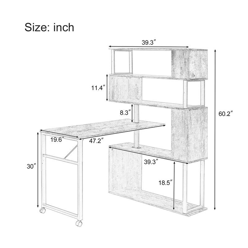 Modern Desk with 5 Adjustable Built-In Shelves and Rotating Layout for Compact Workspaces and Home Offices or Bedrooms
