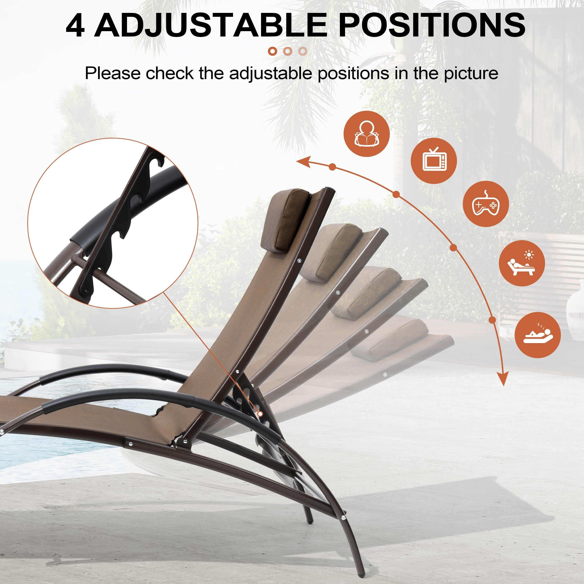 Adjustable Outdoor Reclining Chaise Lounge Chair with Arms-image