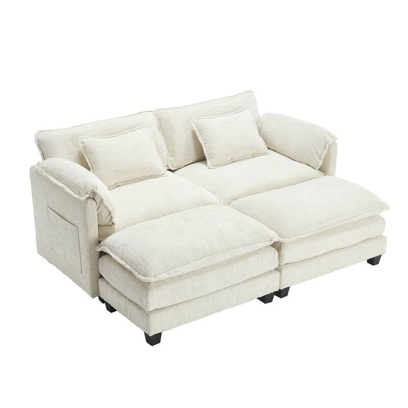76.77" Chenille Upholstered Sofa with 2 Ottomans