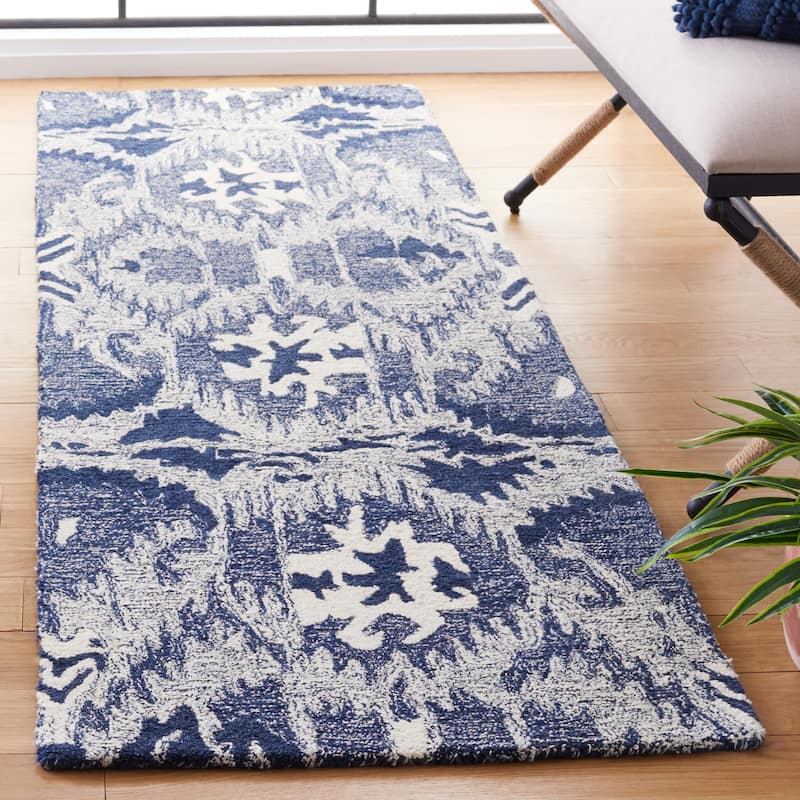 SAFAVIEH Handmade Ikat Ekaterini Bohemian Wool Rug - 2'3" x 8' Runner - Blue/Ivory