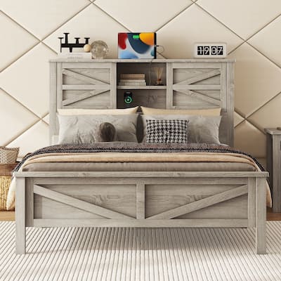 Double Sliding Barn Door Storage Headboard Wood Platform Bed Frame, Charging Station Bookcase Bed, Low Profile Bed