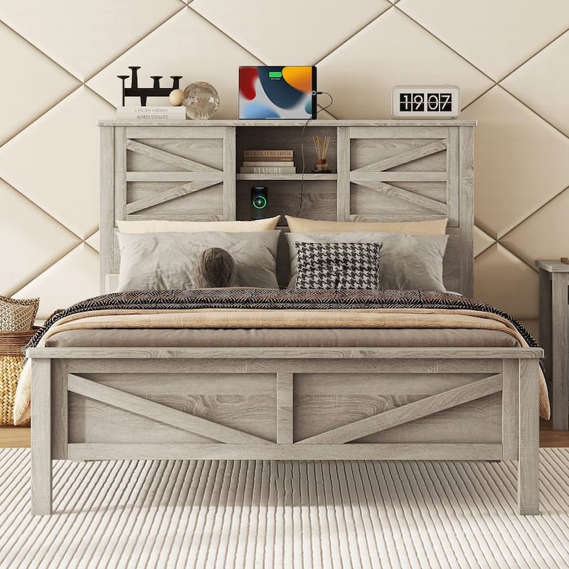 Farmhouse Platform Bed with Double Sliding Barn Door, Full/Queen Size Rustic Bed Frame with Charging Station, Wood Slats Support