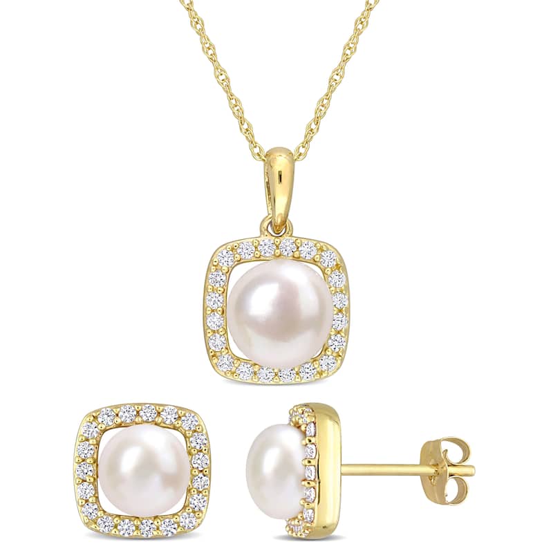 Miadora 7mm Cultured Freshwater Pearl 3/5ct TGW Created White Sapphire Jewelry Set 10k Yellow Gold