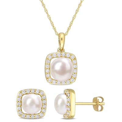 Miadora 7mm Cultured Freshwater Pearl 3/5ct TGW Created White Sapphire Jewelry Set 10k Yellow Gold