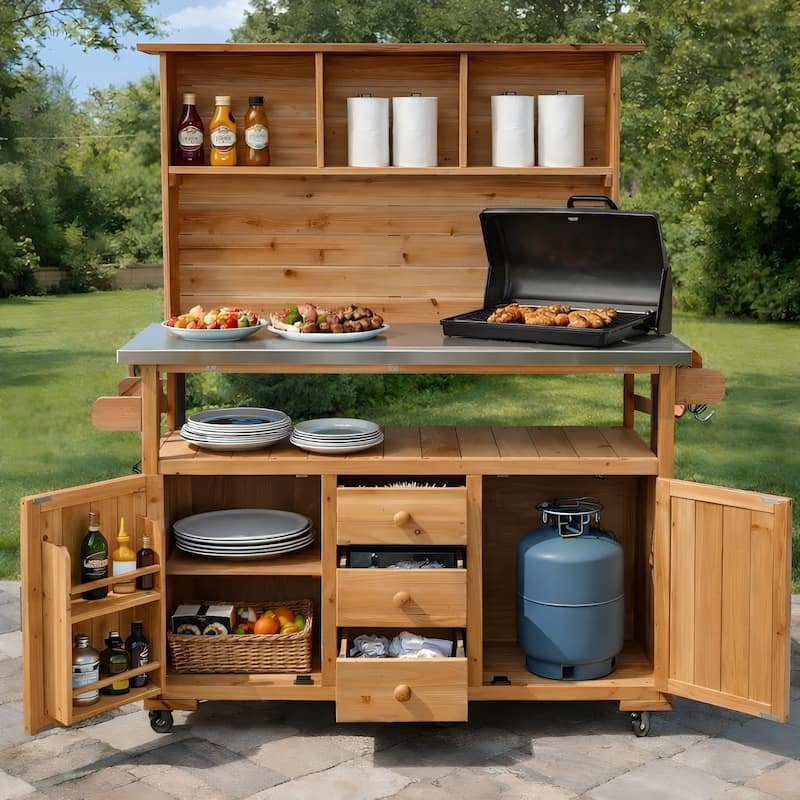 65''H Outdoor Potting Bench Garden Storage Table w/Lockable Wheels, Drawers, Cabinets & Side Hooks - N/A - Yellow