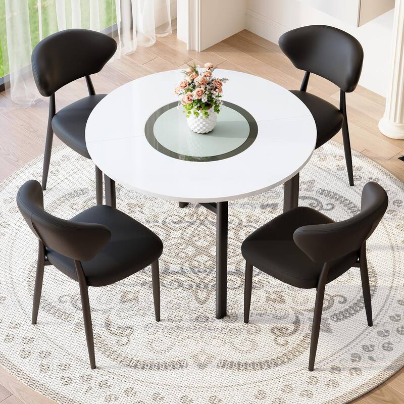 5-Piece Dining Table Set, 42" Modern Round Table with Lower Shelf, 4 Chairs, Minimalist Dining Table and Chairs Set for 4