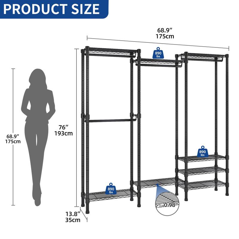 Moasis Heavy Duty Walk-in Closet Shelves System with 3 Hanging Rods And 8 Shelves