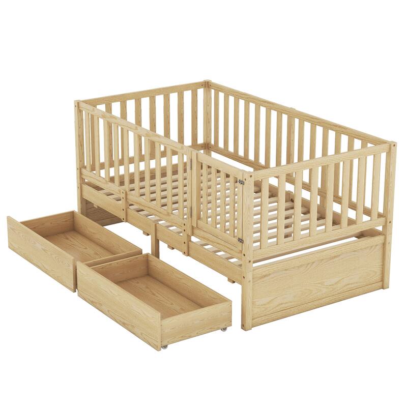 Modern Wood Daybed with Fence Guardrails and 2 Drawers