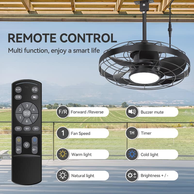 20" 5-Blade Waterproof Plug-in Outdoor Ceiling Fan with Dimmable LED Light and Remote