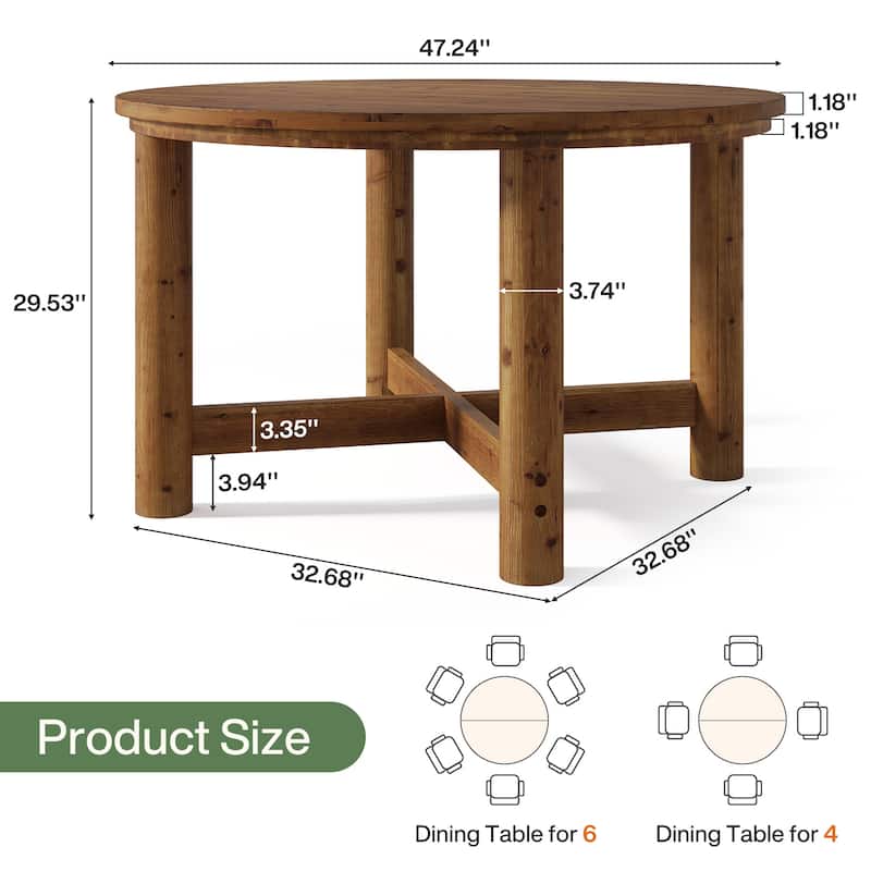 47 Inch Round Dining Table for 4-6, Solid Wood Kitchen Table, Farmhouse Style - 47.24" L x 47.24" W x 29.53" H