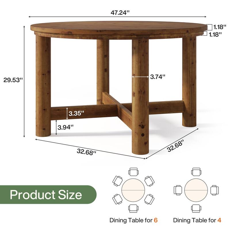 47 Inch Solid Wood Round Dining Table for 4-6 People, Farmhouse Style - 47.24" L x 47.24" W x 29.53" H