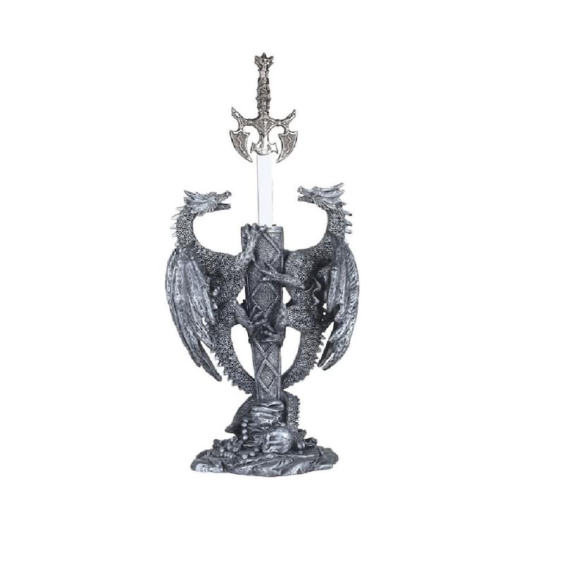 Q-Max 11"H Two Medieval Silver Dragons with Sword Guardian Statue Fantasy Decoration Figurine