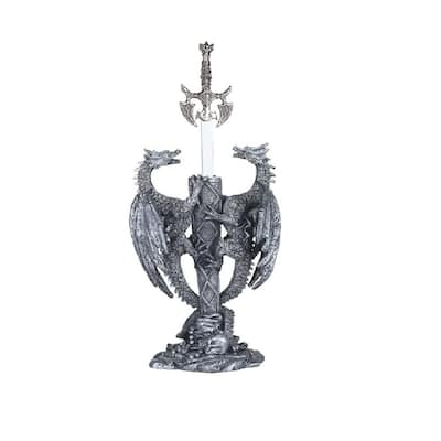 Q-Max 11"H Two Medieval Silver Dragons with Sword Guardian Statue Fantasy Decoration Figurine