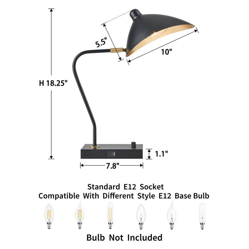 KAWOTI Modern Arched Adjustable Metal Table Lamp with USB Port - L16.25" x W8.63" x H18.25"