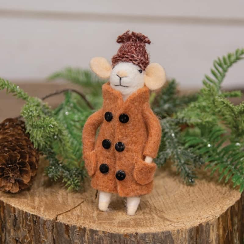 Felted Mouse in Tan Coat Ornament Winter Holiday Decor - 5.5" x 2.5"