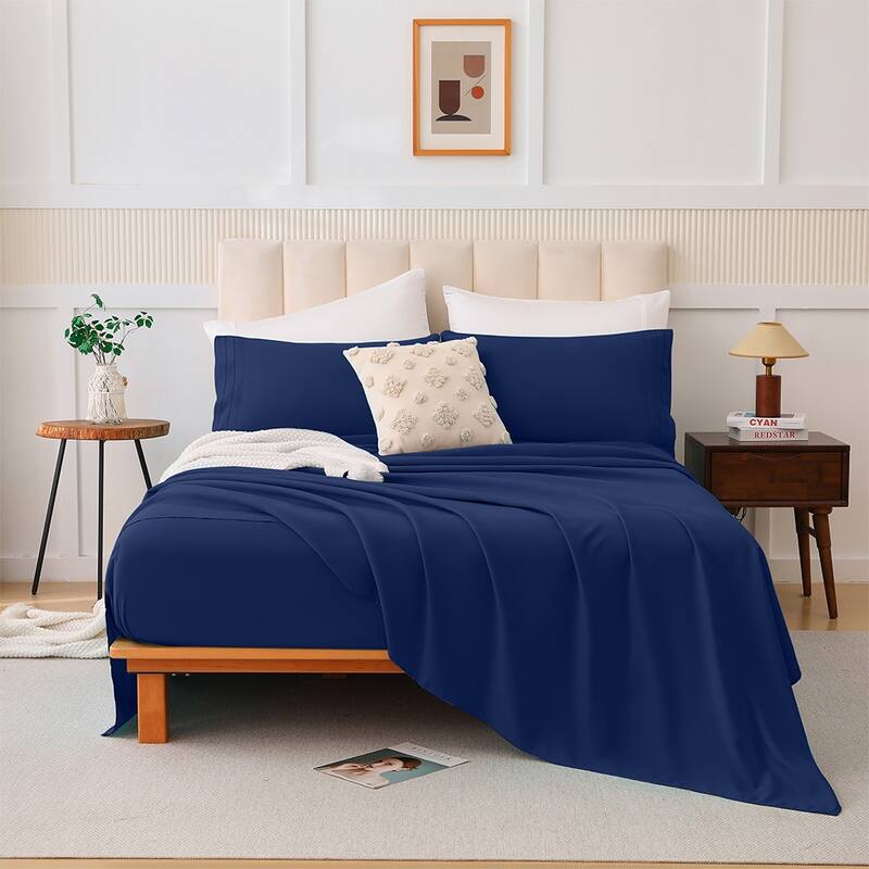 Shatex Soft Skin-Friendly 4-Piece Deep pocket Bed Sheet Set - Blue - Queen