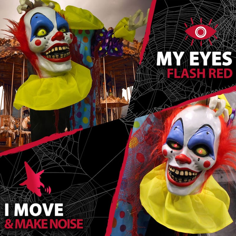 Haunted Hill Farm Life-Size Animatronic Talking Clown with Lights and Sound, Indoor or Covered Outdoor Halloween Decoration