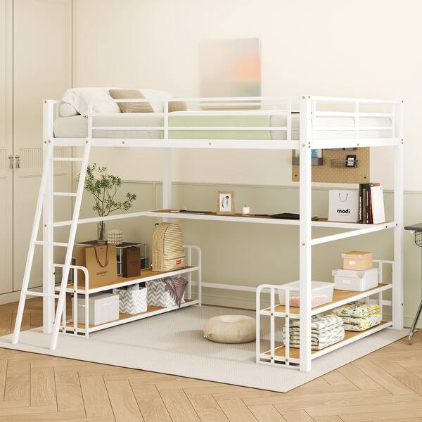 slide 2 of 9, Full Size Loft Bed with Build-in Desk, Metal Bed with Storage Shelves and Charging Station for Bedroom, White White