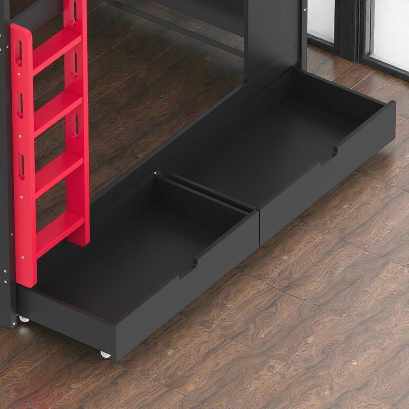 Queen Over Queen Solid Wood Bunk Bed with Storage Drawers and Shelves, Built In Hooks, No Box Spring