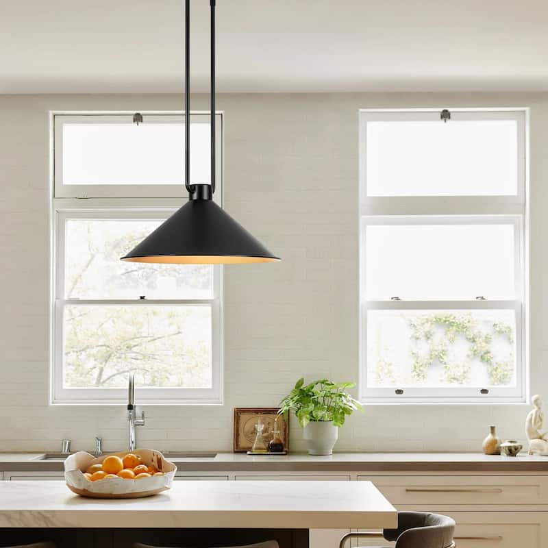 1-Light Vintage Industrial Black and Gold Interior Metal Cone Pendant Light with Adjustable Rods - 15.75 in. W x 7.48 in. H