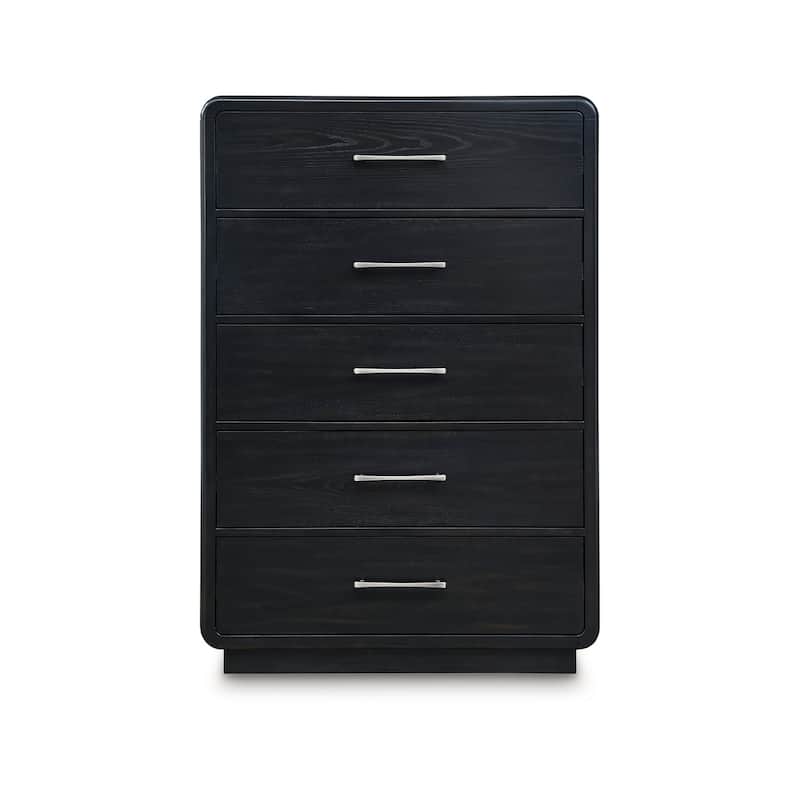 Robeck Tall Dresser Chest, 5 Drawer, Black 57 Inch, Silver Metal Handles