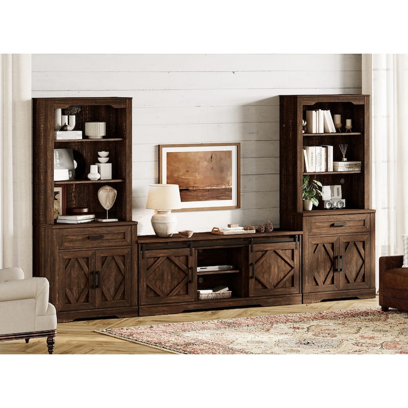 Modern Farmhouse TV Stand with Bookcase for 65" 75" TV with Barn Door for Living Room, Bedroom & Home Office