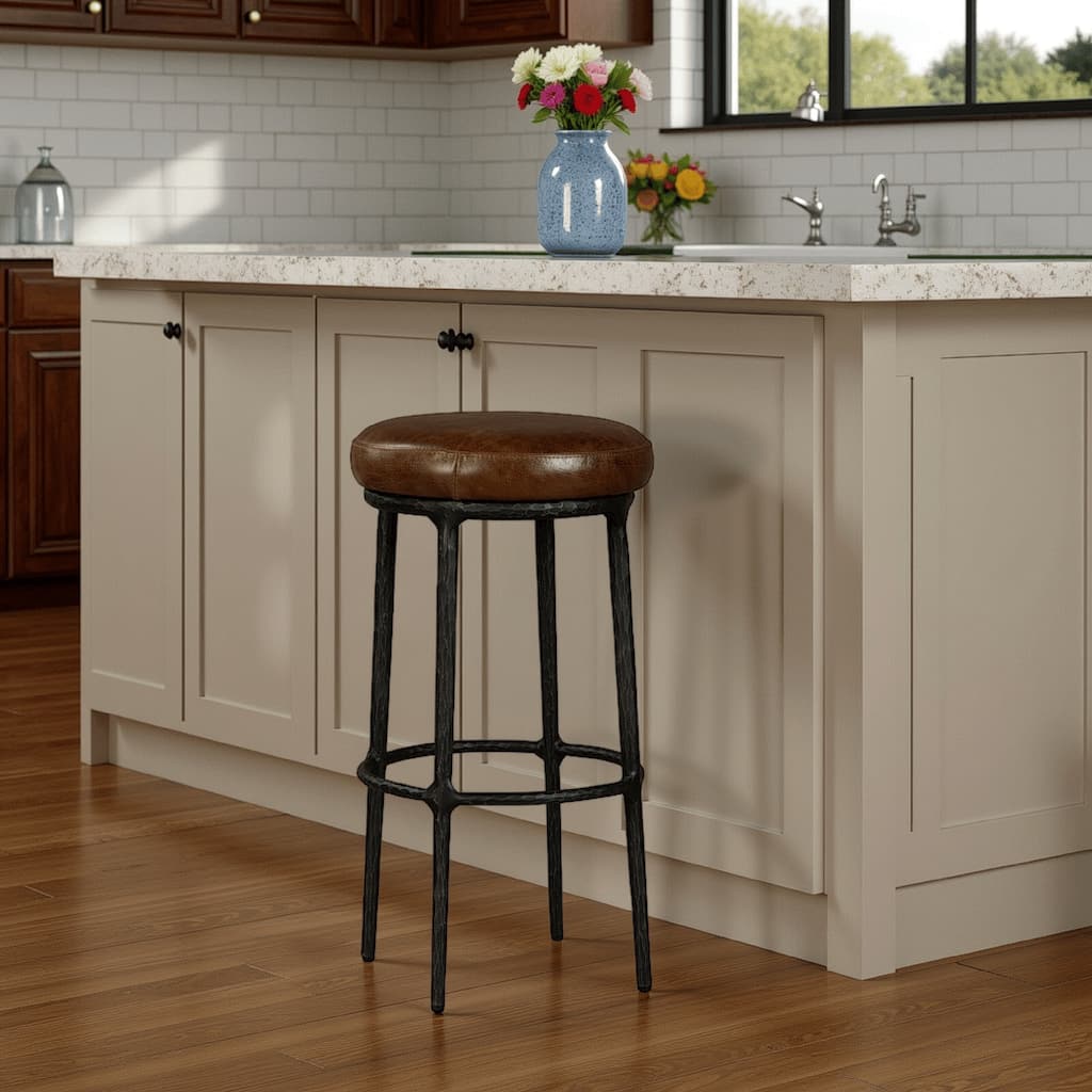 Mey Counter Stool, Brown Leather Round Seat, Black Forged Iron Base