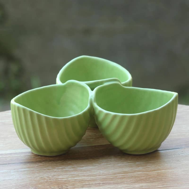 Novica Handmade Jungle Banana Leaf Ceramic Snack Bowl