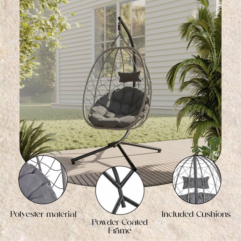 LeisureMod Summit Foldable Hanging Egg Swing Chair with Removable Cushion for Porch, Patio, Backyard, Garden, Lounge
