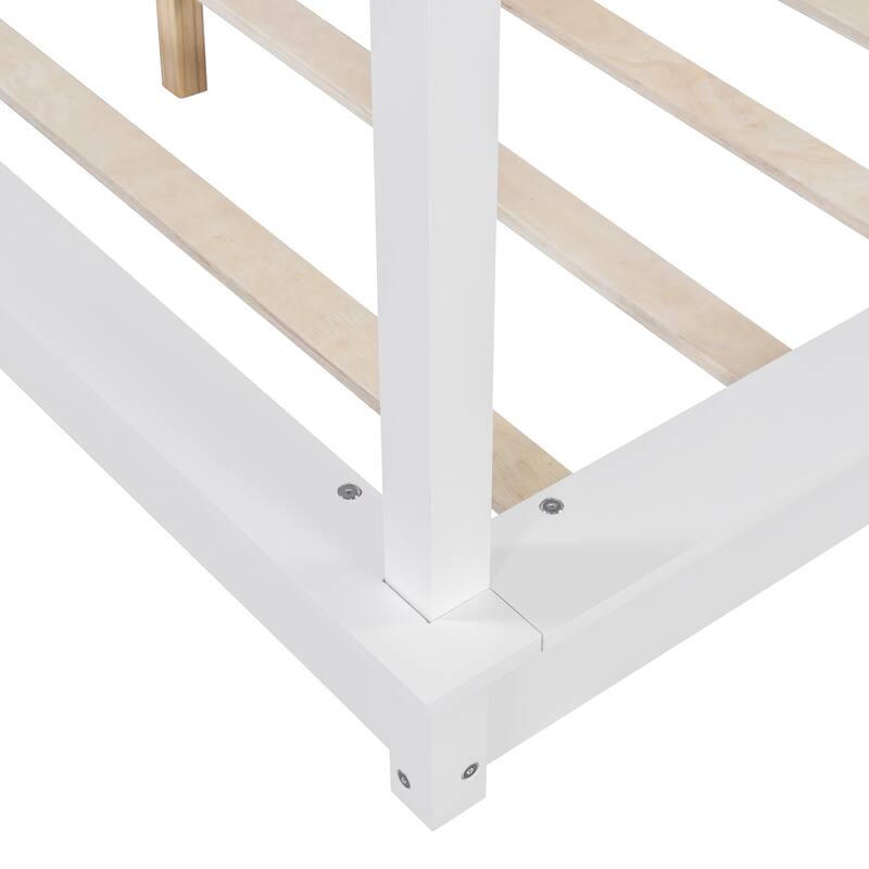 Queen Size Solid Wood LED Canopy Bed with 4-Post Frame and Headboard, Modern Floor Bed, Wooden Canopy Bed Frame for Bedroom