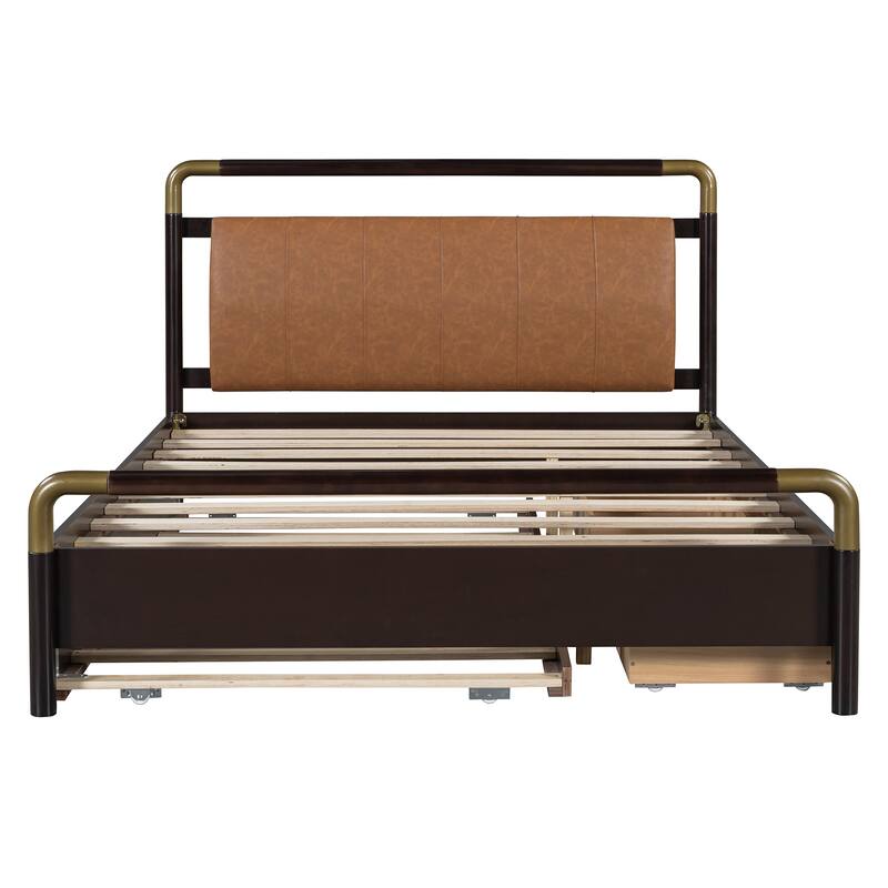 Queen Size Platform Bed with PU Backrest, Trundle Bed & 2 Storage Drawers