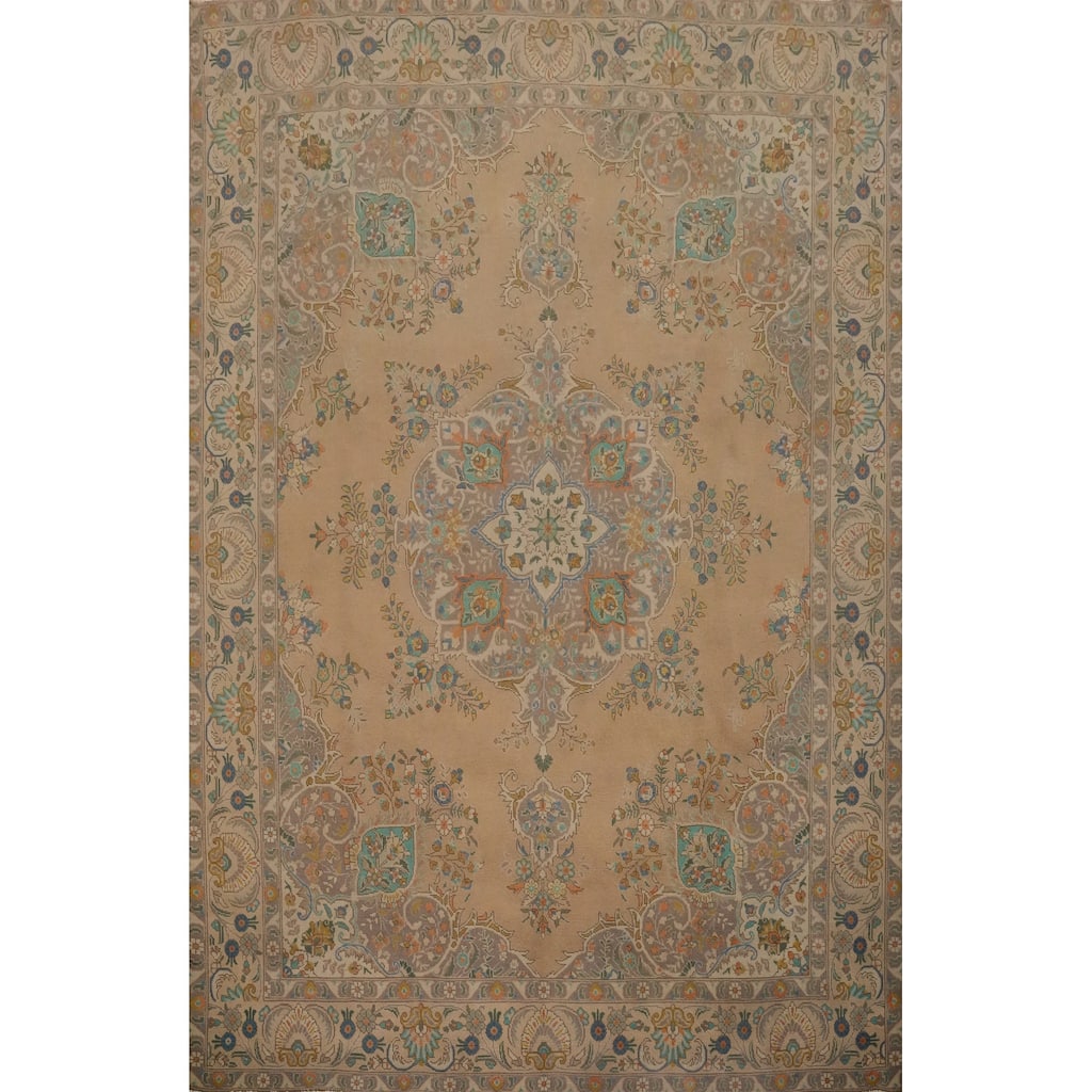 Hand Knotted Oriental 100% Wool Carpet Traditional Floral Brown Tabriz Area Rug - 12' 4'' X 9' 8''