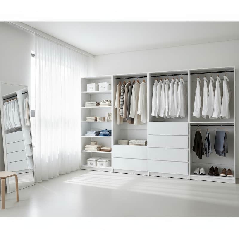 Prosper White Freestanding Walk in Wood Closet System - 125.6"W x 15.7"D x 83" H