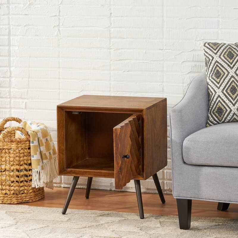 Handcrafted Mango Wood Mid-Century Modern Accent Cabinet with Chevron Design and Storage Space
