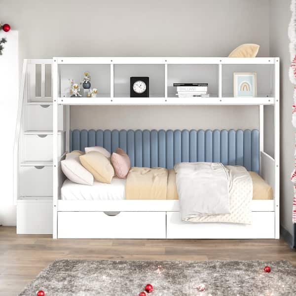 slide 2 of 11, Elegant Twin over Full Bunk Bed with Shelfs, Storage Staircase and 2 Drawers White