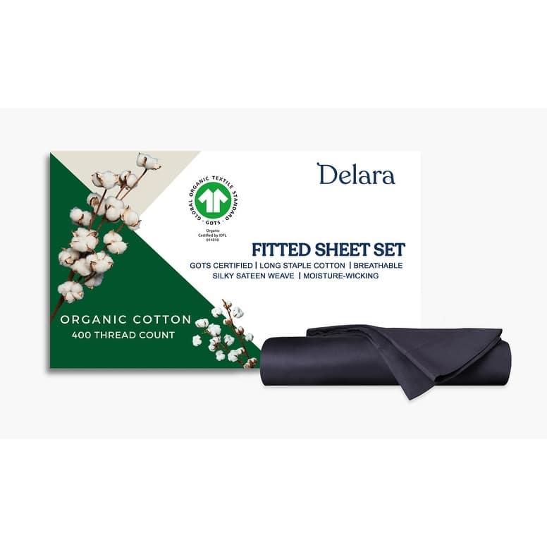 Delara GOTS Certified 100% Organic Cotton Fitted Sheet Set, 400TC Long Staple Cotton, Moisture-Wicking, Smooth & Breathable - Dark Grey - Twin