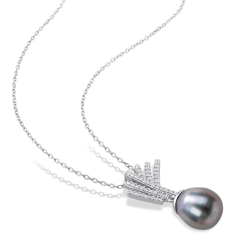 Miadora Tahitian Cultured Pearl & Diamond Accent Drop Necklace in Sterling Silver (9.5-10mm)