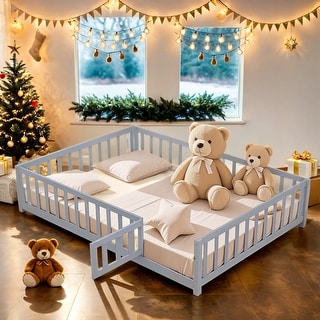 Full Size Wooden Floor Platform Bed with Fence,Door,Support Slats for Toddlers
