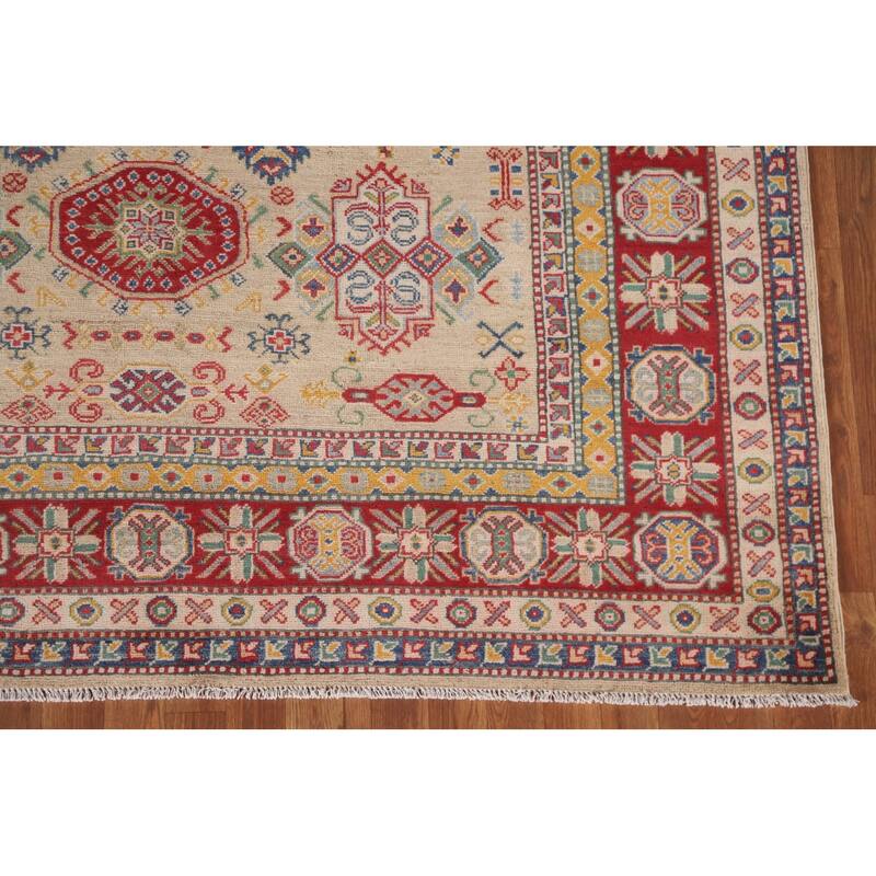 Hand Knotted Oriental 100% Wool Carpet Traditional Tribal Beige & Ivories Kazak Area Rug - 9' 6'' X 6' 9''