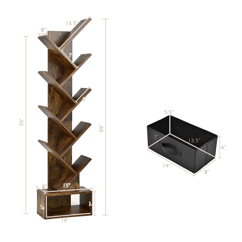 59" Tall Tree Design Bookshelf with 10 Open Shelves and Fabric Drawer for Small Spaces - 15'' x 8.5'' x 59'' (L x W x H)