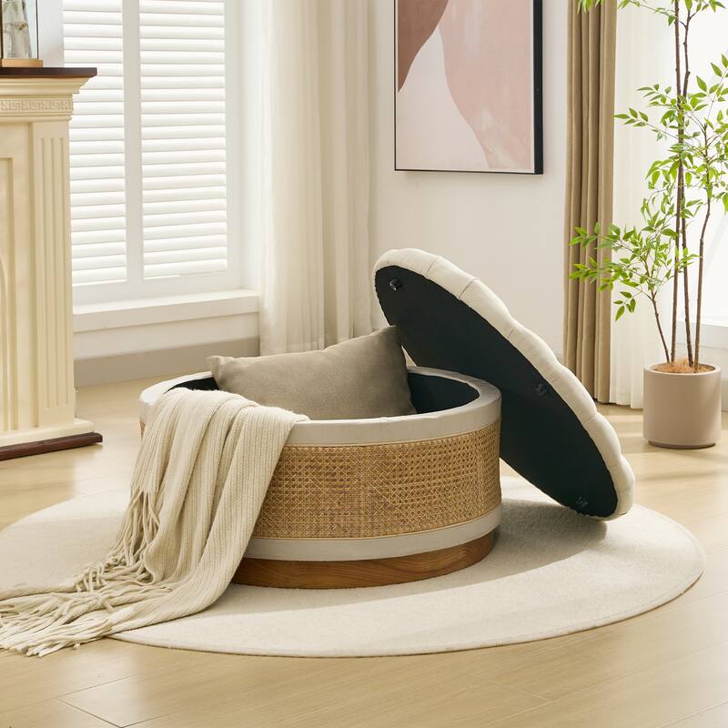 Linen & Rattan Round Storage Ottoman, Button-tufted Upholstery